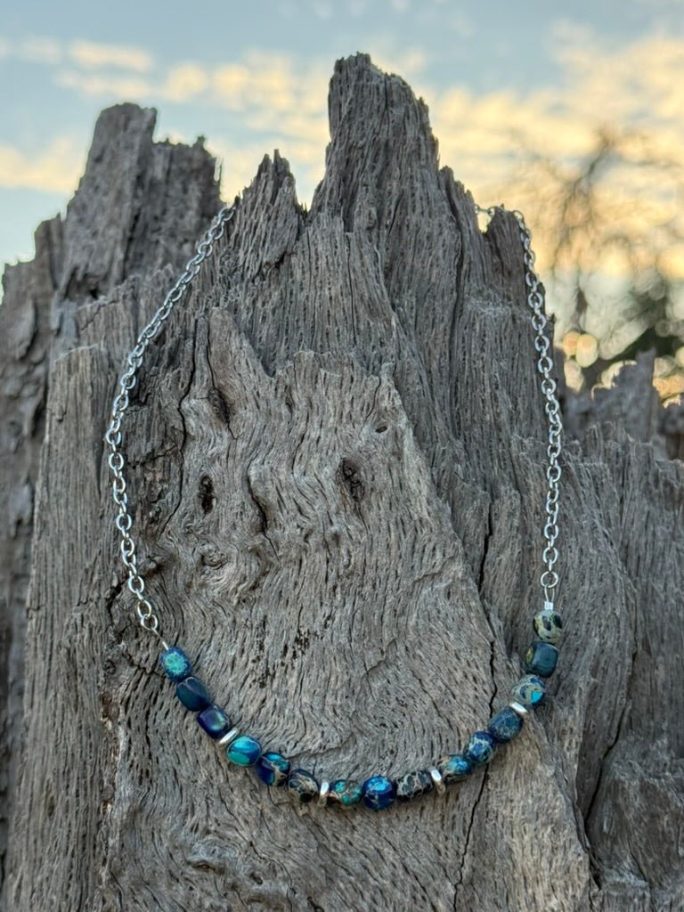 Dusty River Blue Jasper Beaded Chain Necklace
