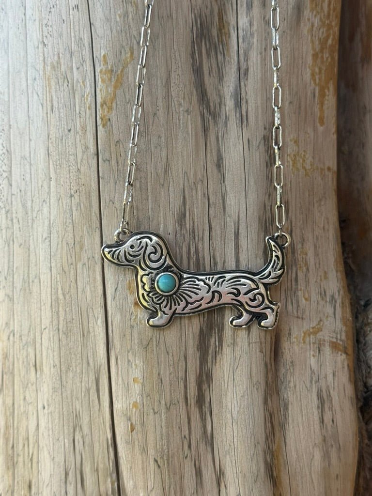 Engraved Dachshund Turquoise Pendant Necklace