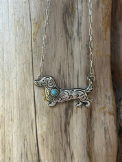 Engraved Dachshund Turquoise Pendant Necklace