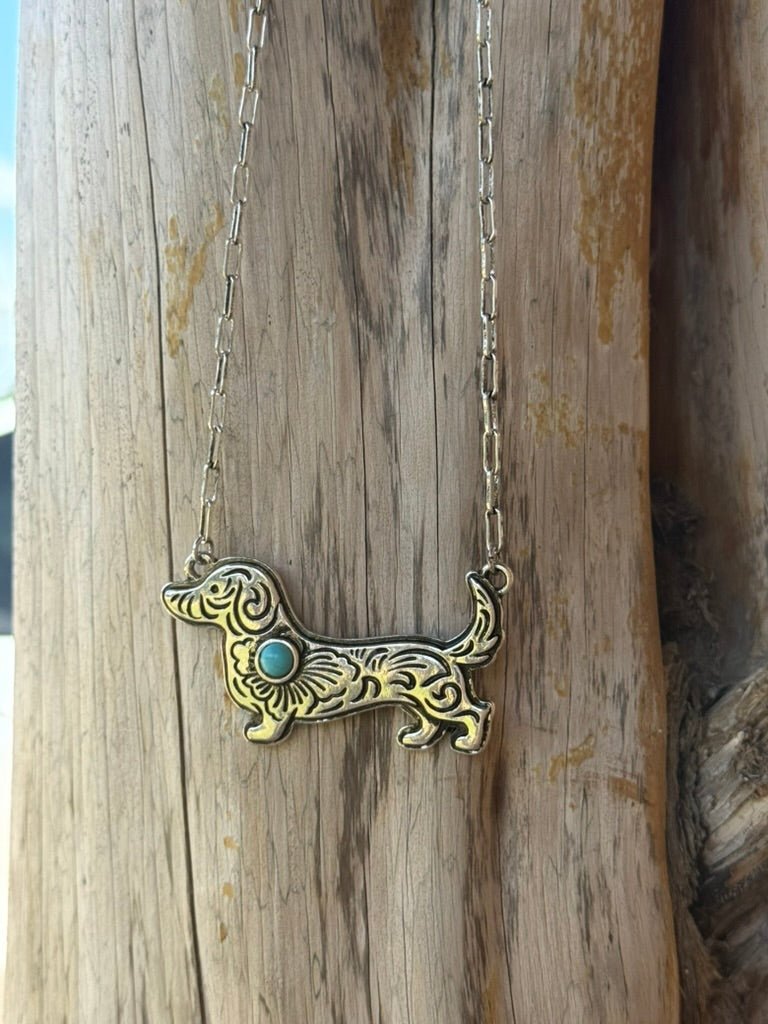 Engraved Dachshund Turquoise Pendant Necklace