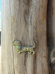 Engraved Dachshund Turquoise Pendant Necklace