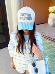Enjoy The Little Things Striped Embroidered Trucker Hat