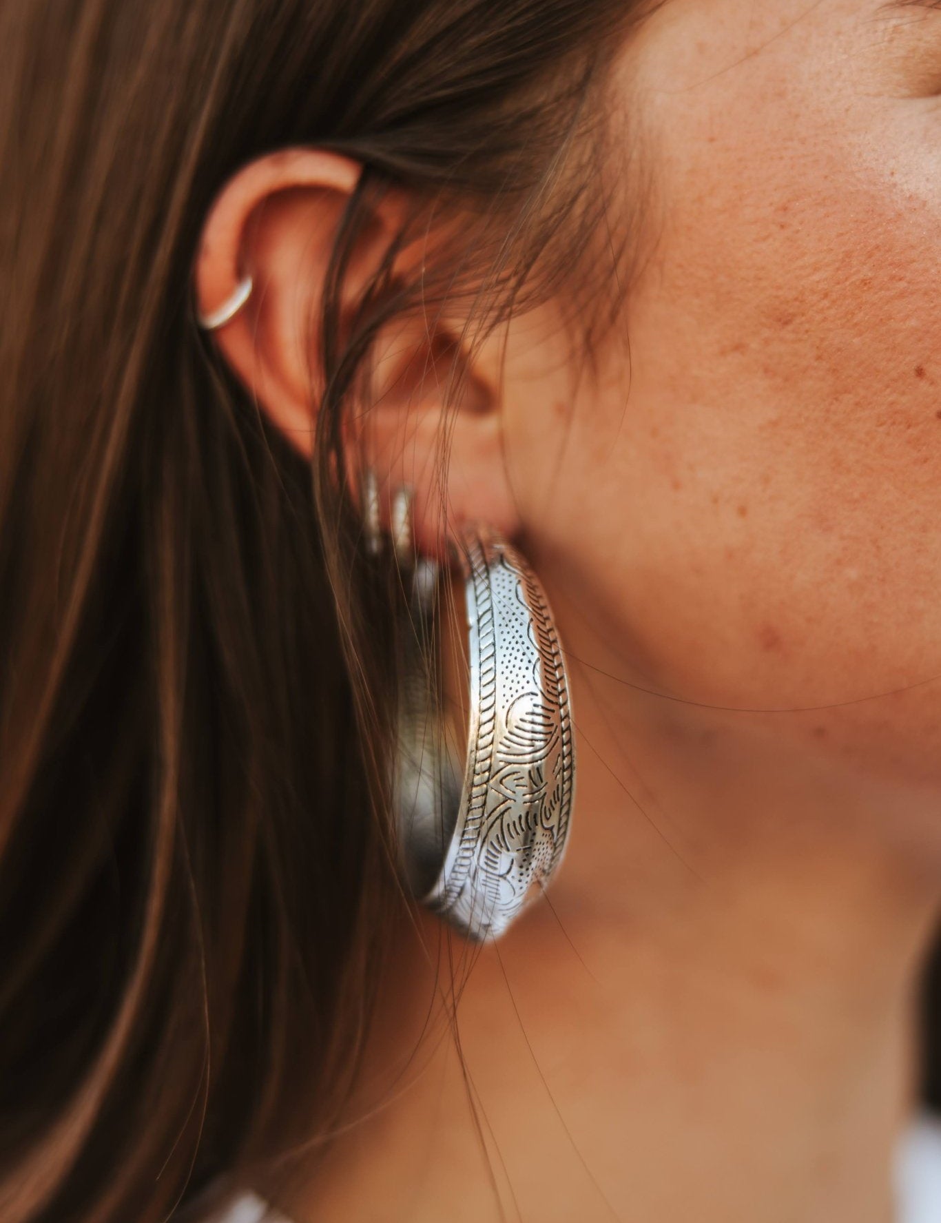 Faux Silver Aztec Textured Hoops