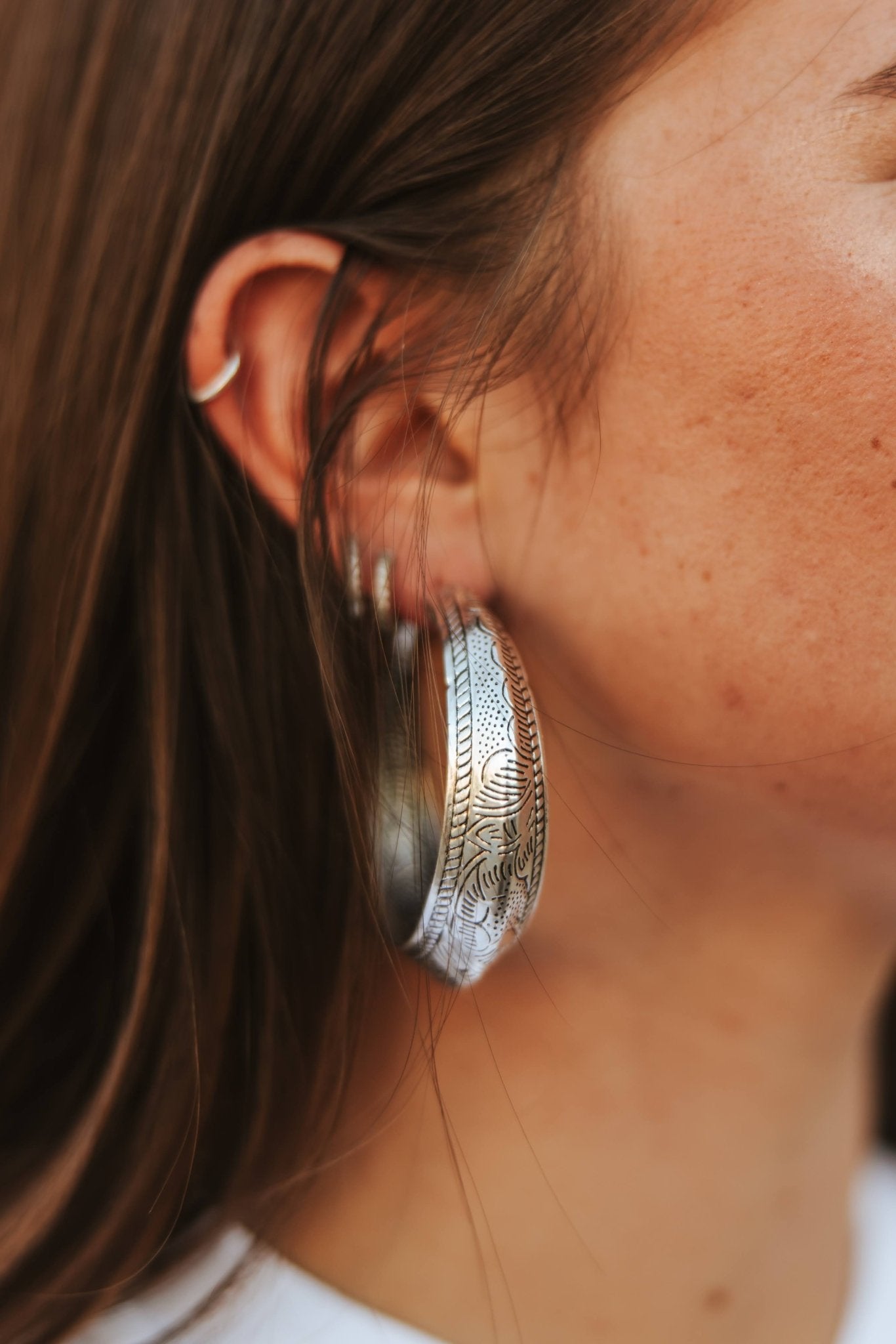 Faux Silver Aztec Textured Hoops