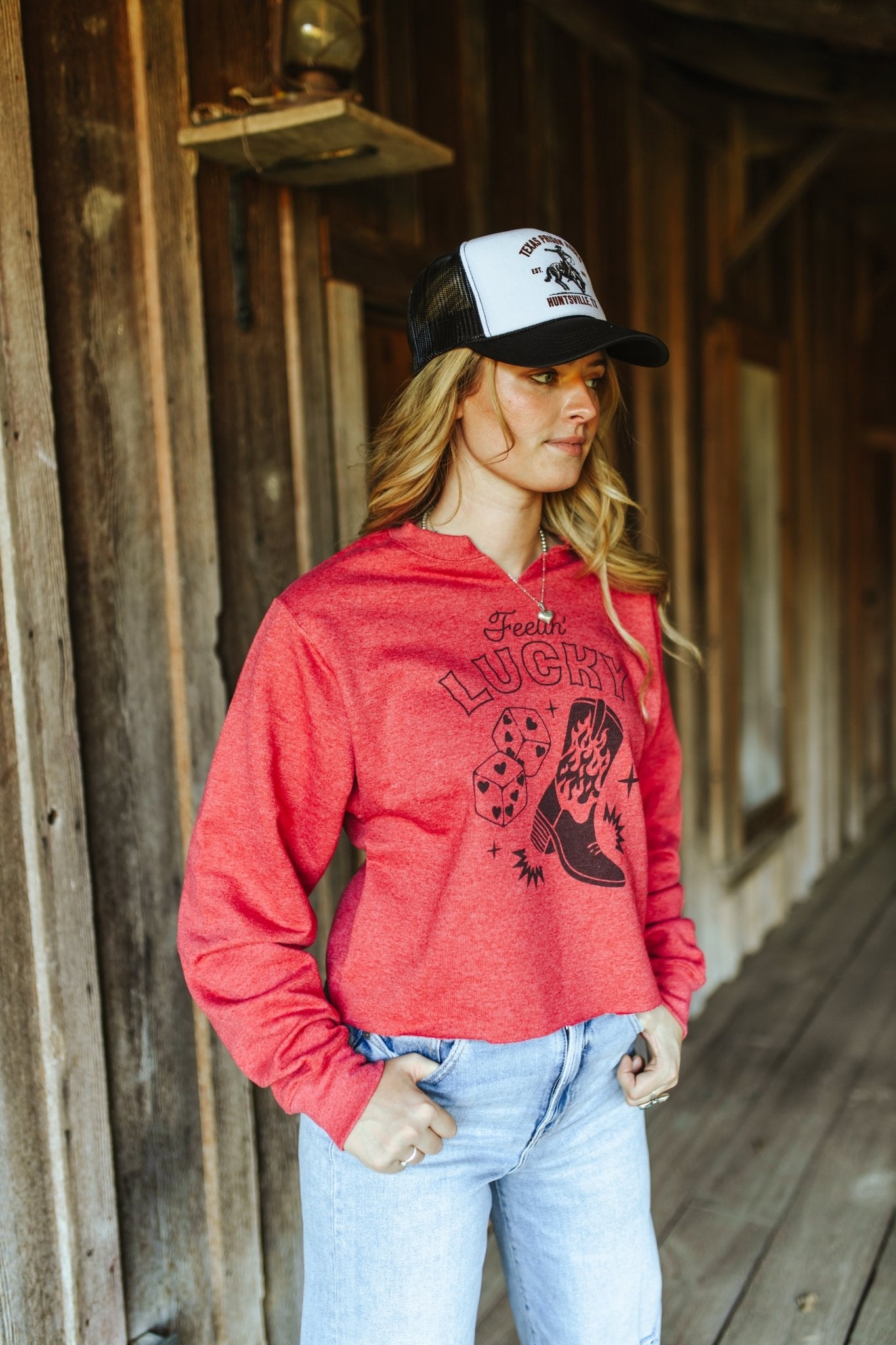 Feelin' Lucky Raw Hem V - Neck Crop Graphic SweatshirtHeather RedS