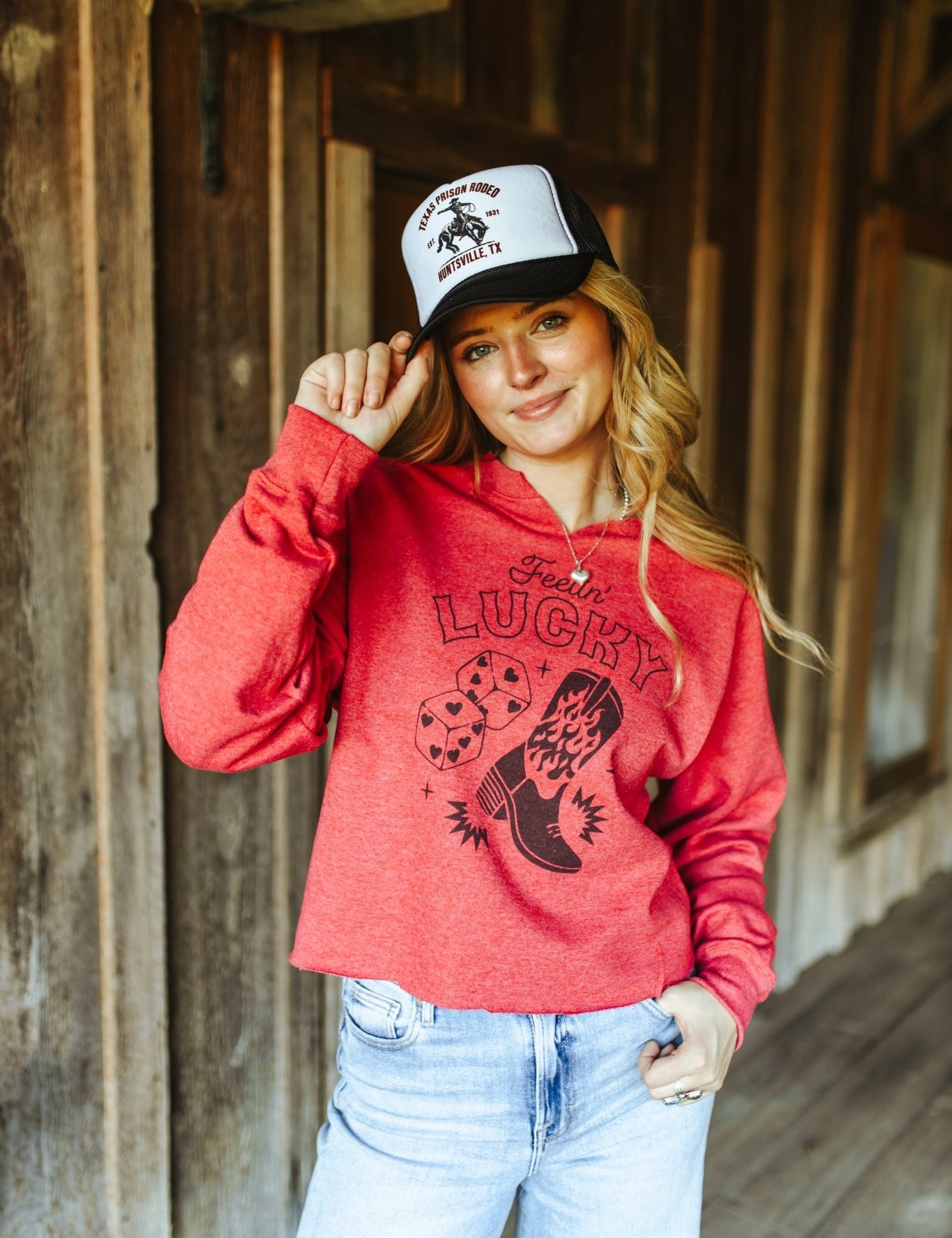 Feelin' Lucky Raw Hem V - Neck Crop Graphic SweatshirtHeather RedS