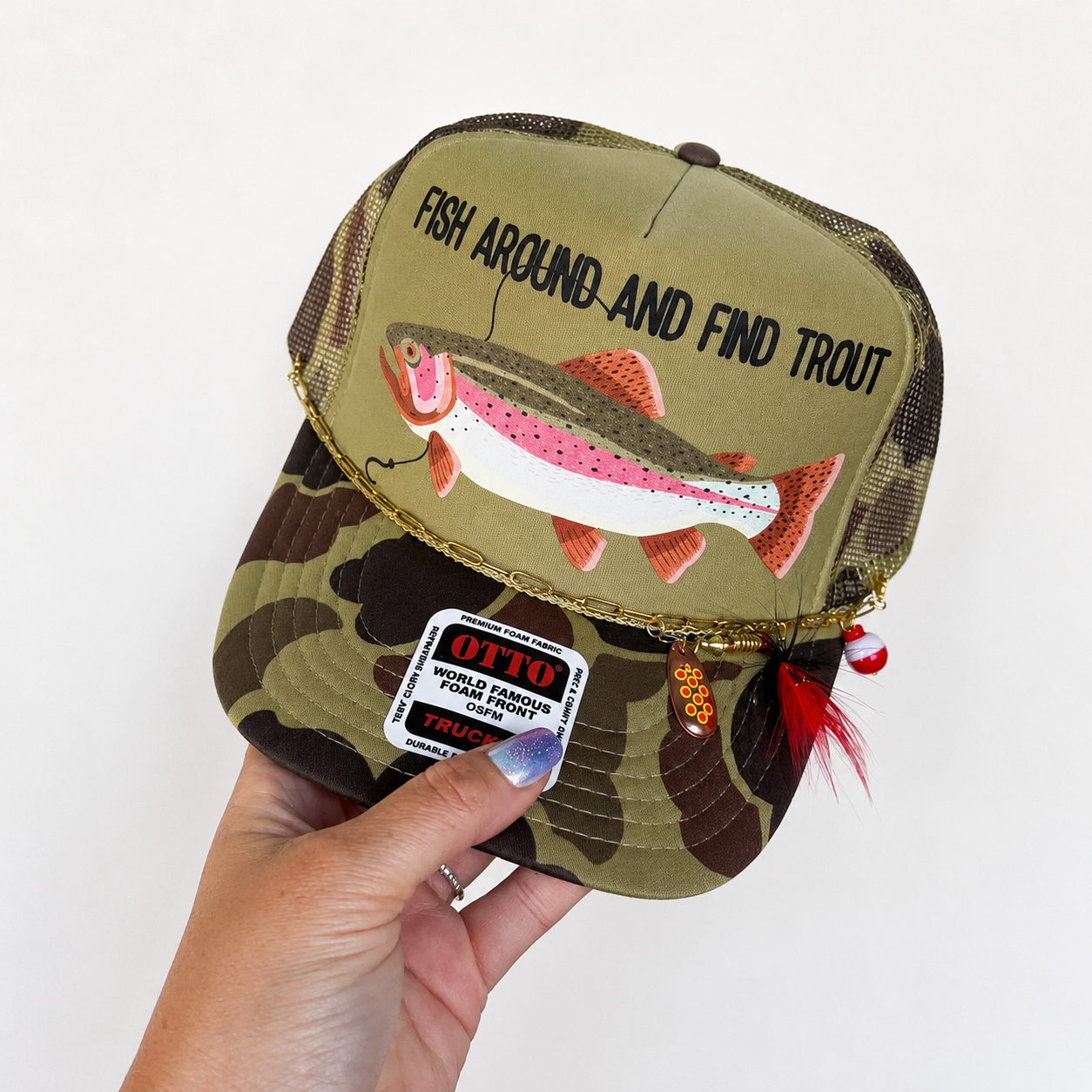 Fish Around And Find Trout Camo Trucker Hat