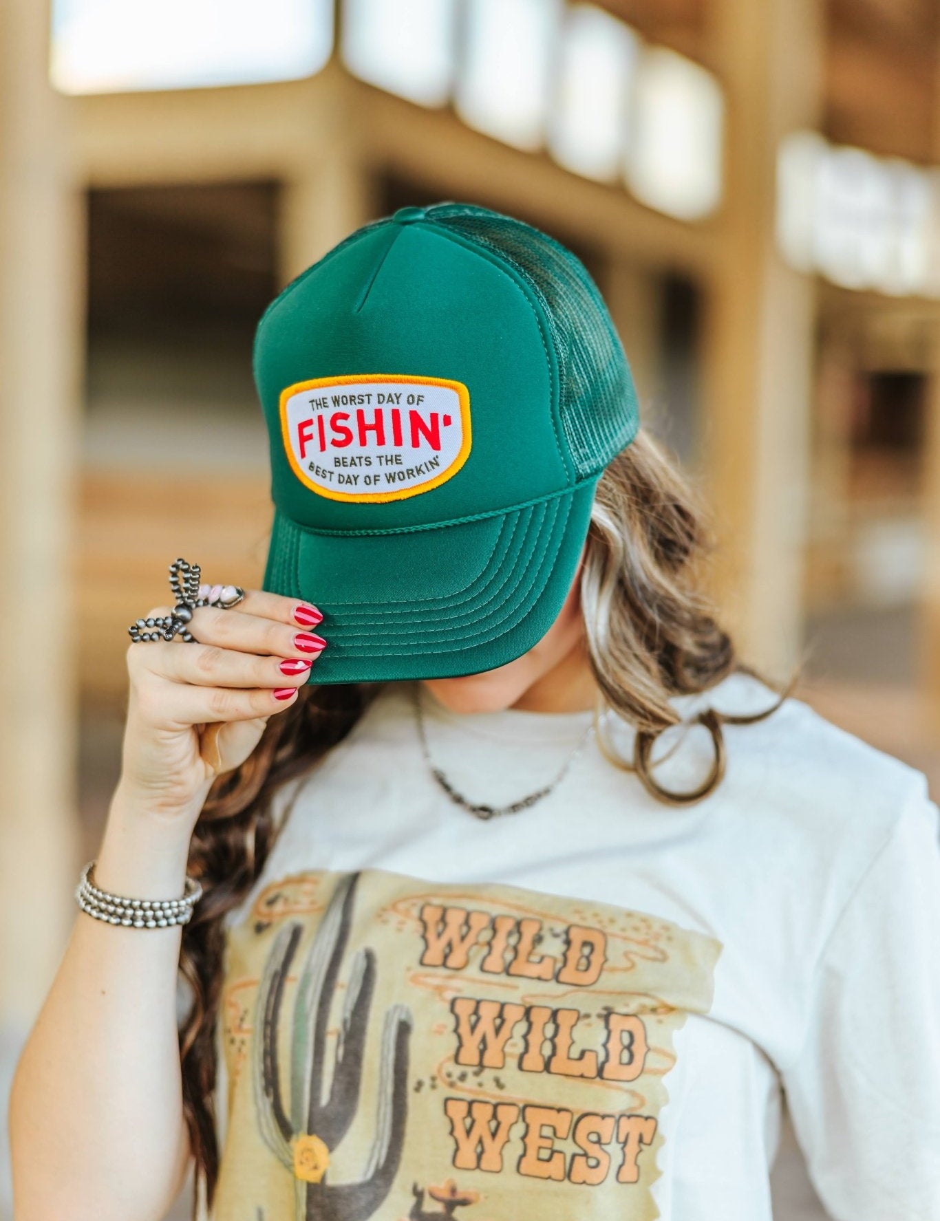 Fishin' Beats Workin' Patch Trucker HatDark Green