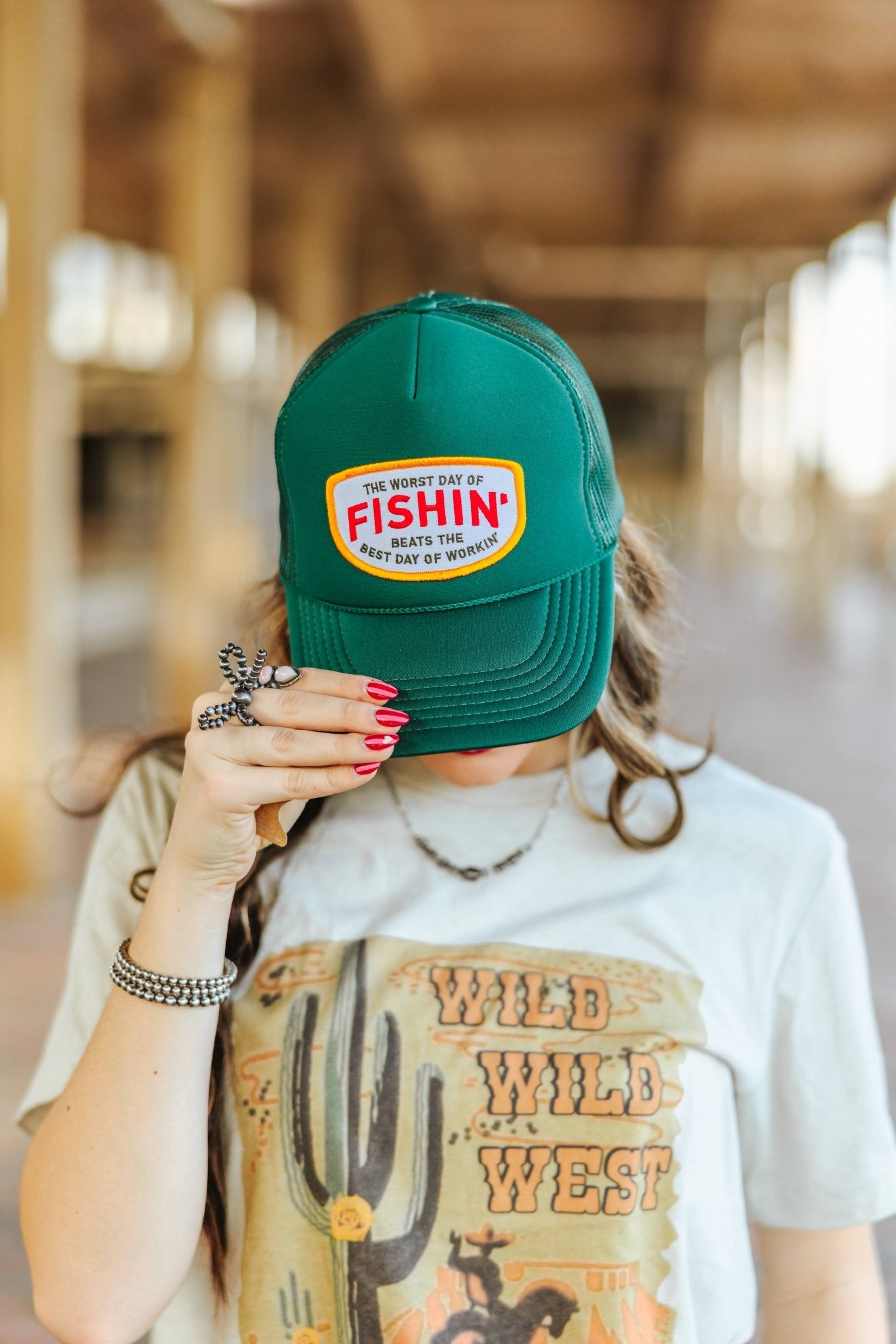 Fishin' Beats Workin' Patch Trucker HatDark Green