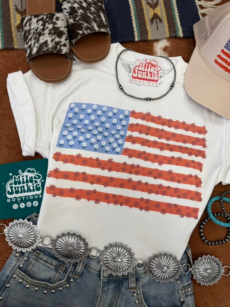 Floral American Flag Graphic TeeWhiteS