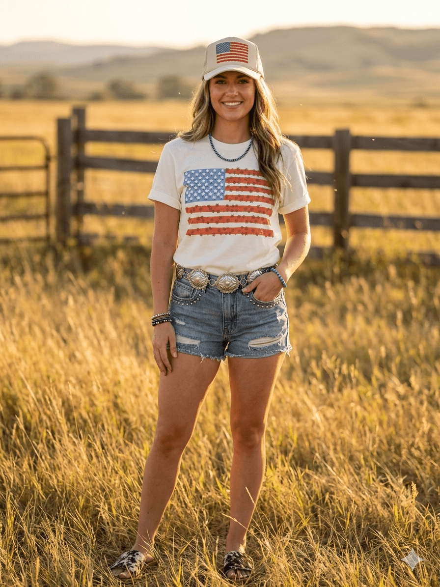 Floral American Flag Graphic TeeWhiteS