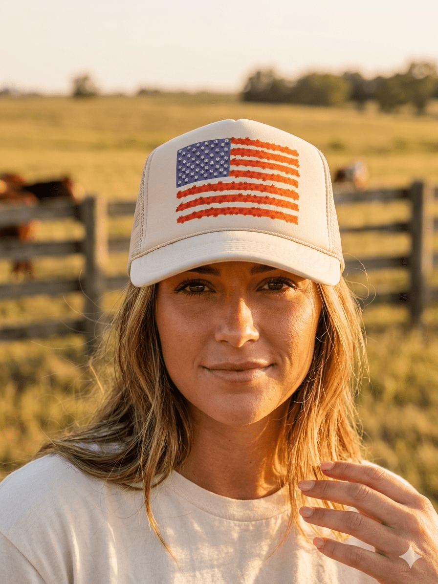 Floral American Flag Trucker HatKhaki