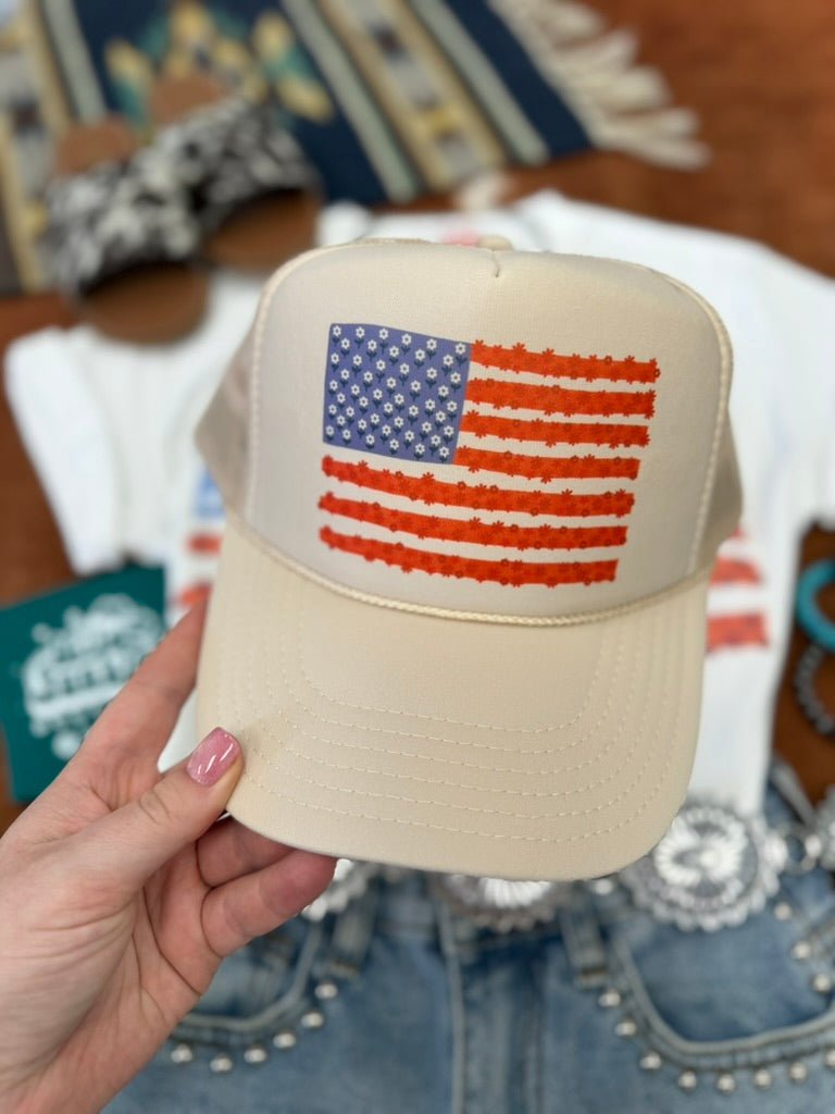 Floral American Flag Trucker HatKhaki