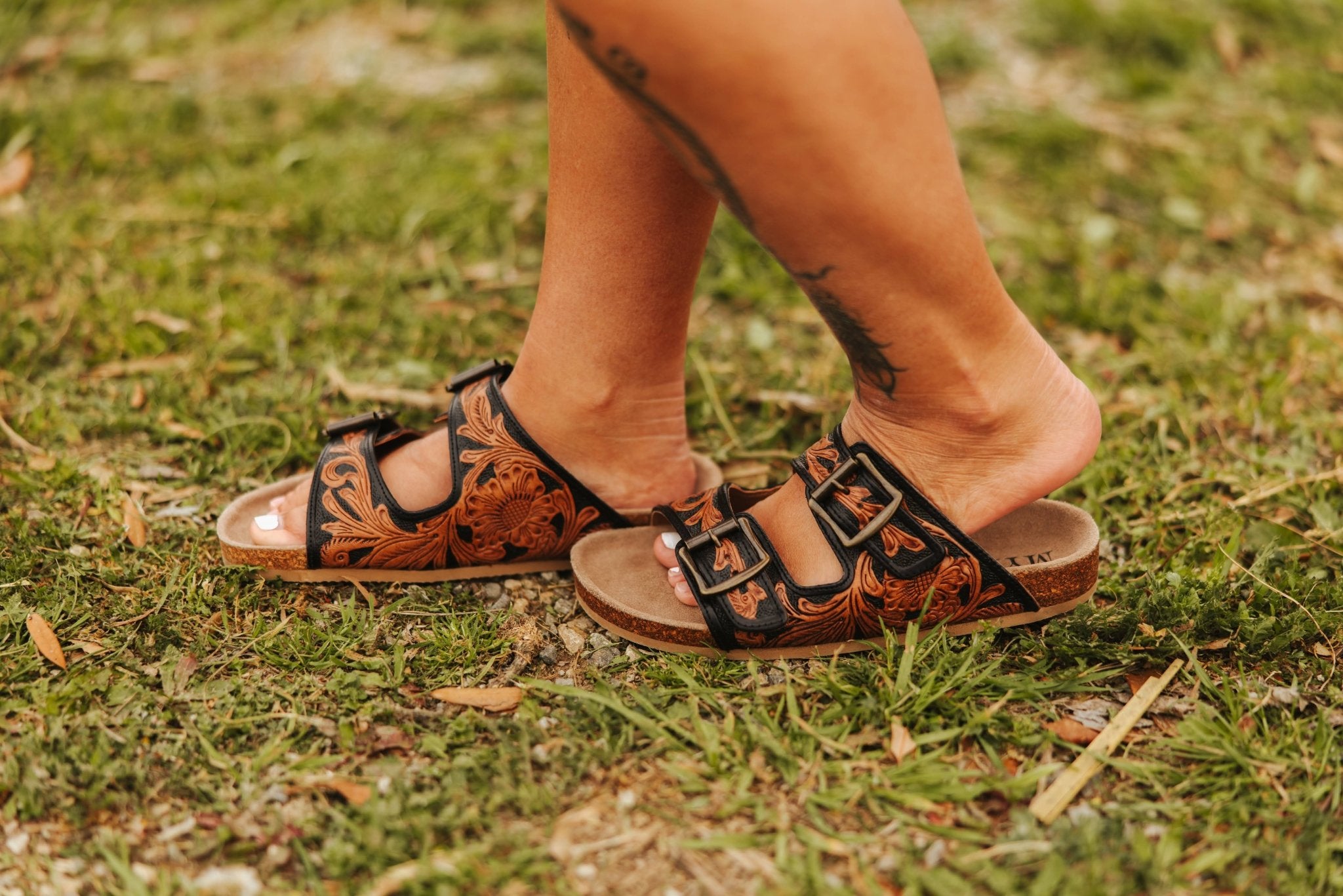 Floral Embossed Buckle Sandals - Black6