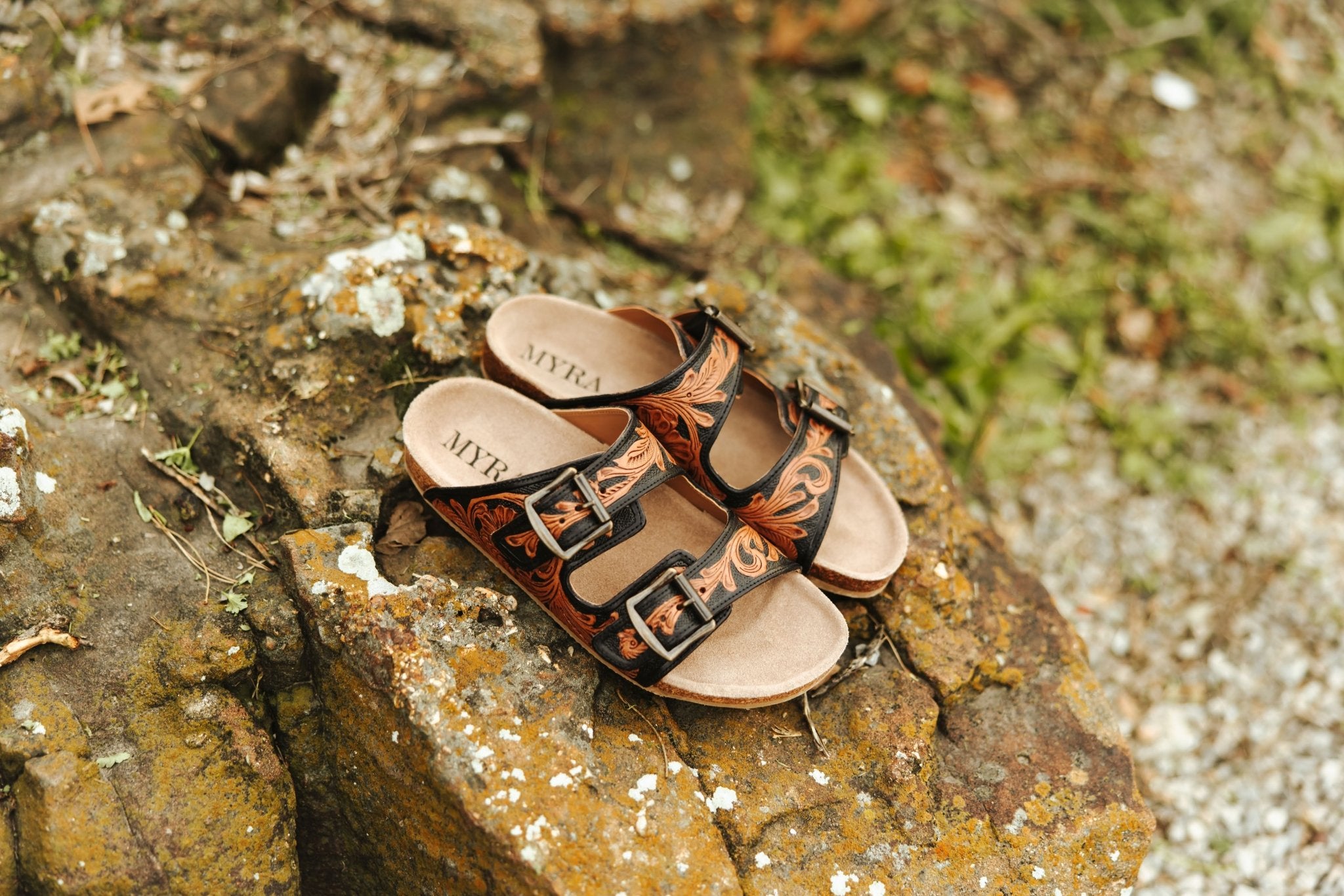 Floral Embossed Buckle Sandals - Black6