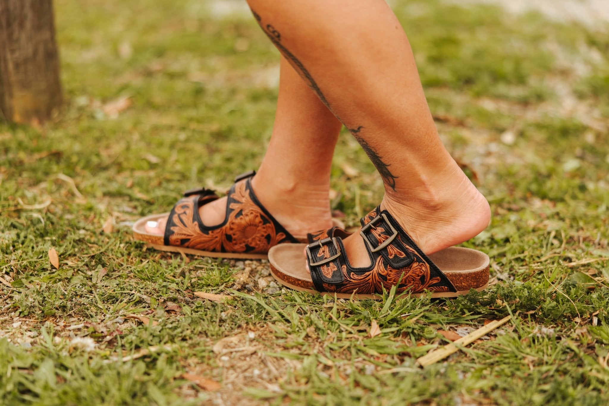Floral Embossed Buckle Sandals - Black6