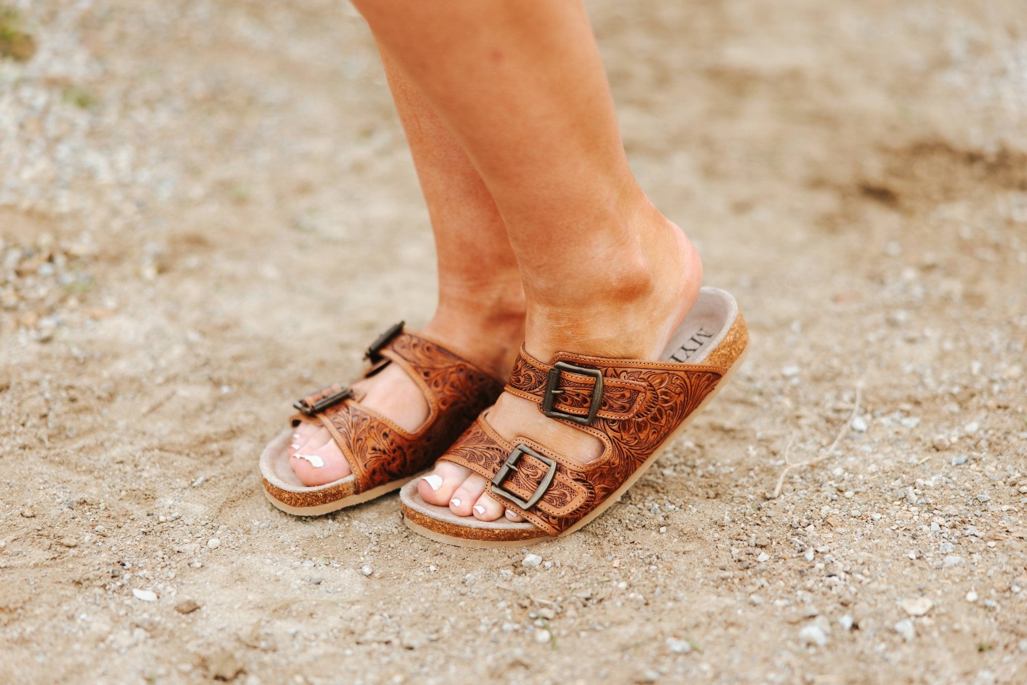 Floral Embossed Buckle Sandals - Brown6