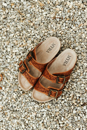 Floral Embossed Buckle Sandals - Brown6