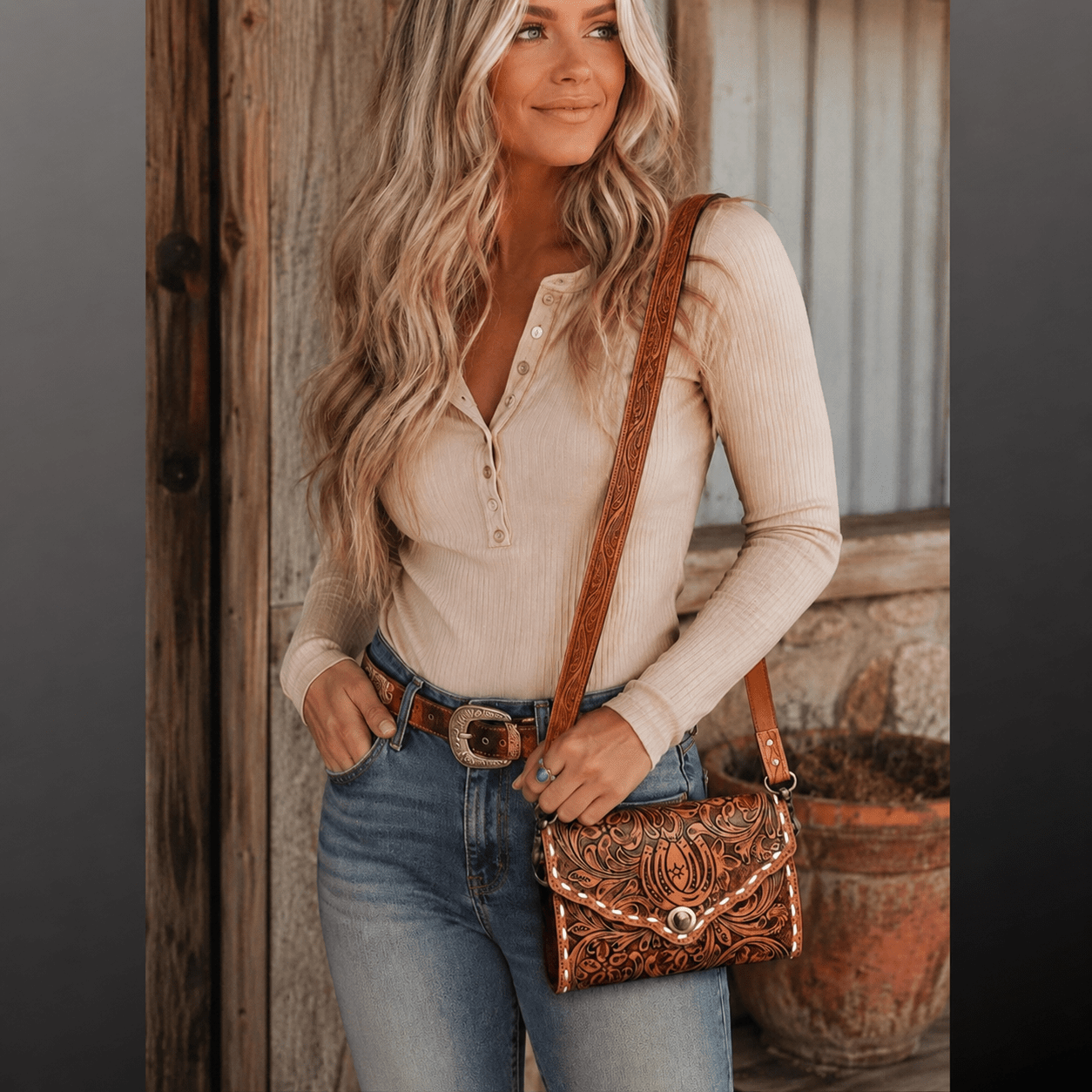 Floral Horseshoe Tooled Leather Crossbody Bag