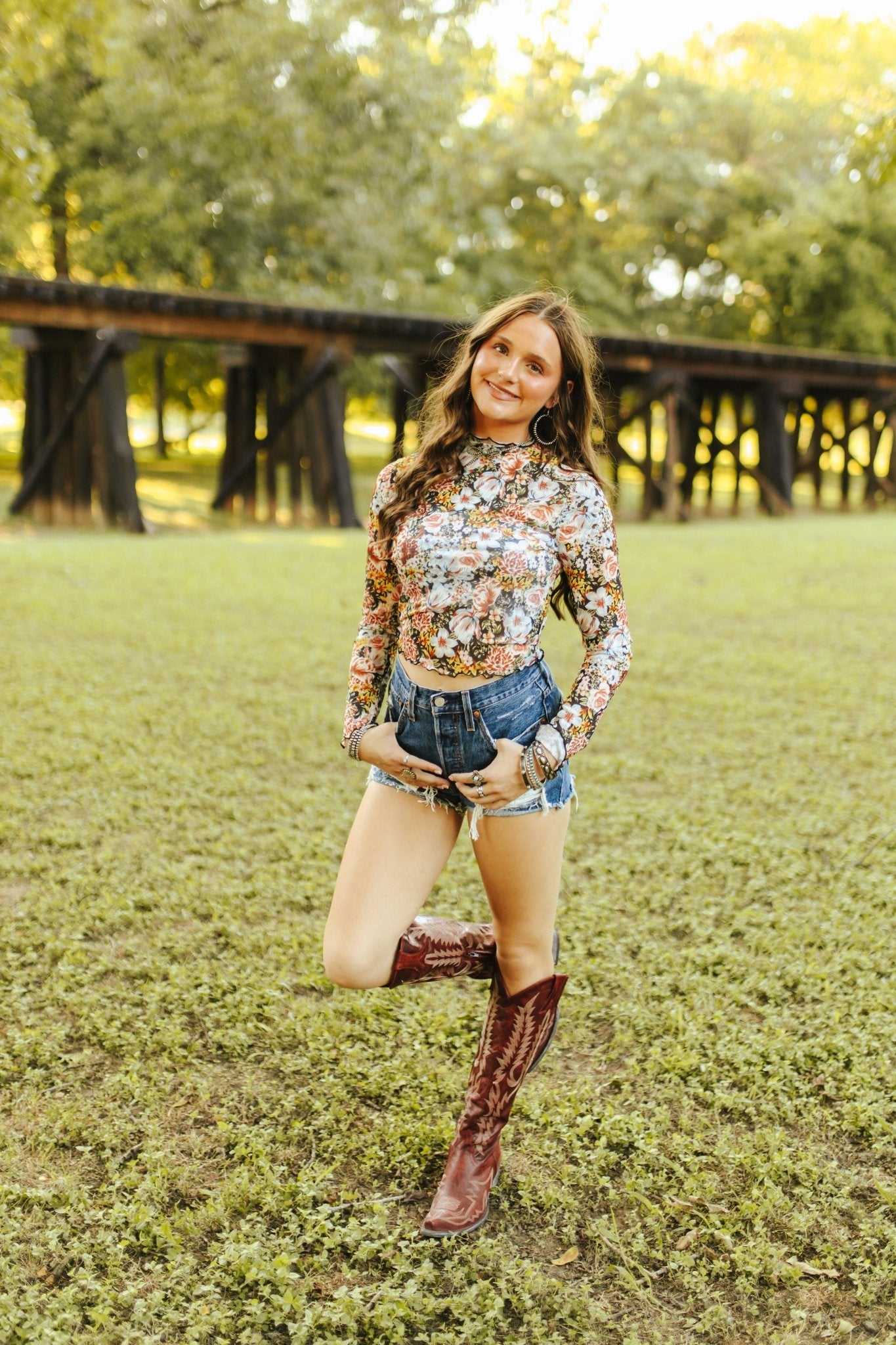 Floral Mesh Long Sleeve Crop TopS