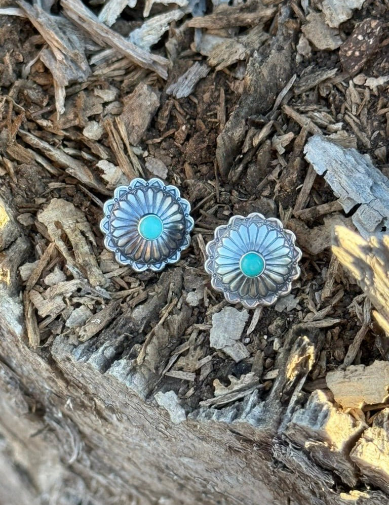 Floral Stamped Sterling Silver Turquoise Earrings