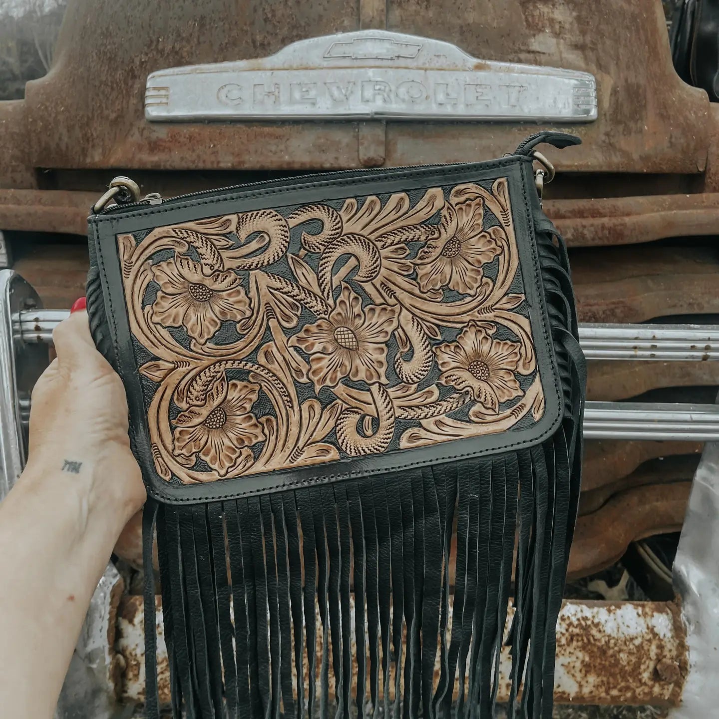 Floral Tooled Leather Crossbody Bag