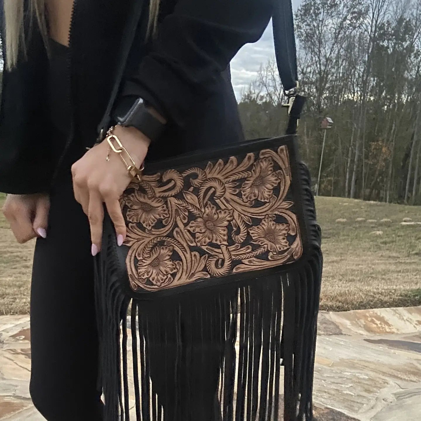 Floral Tooled Leather Crossbody Bag