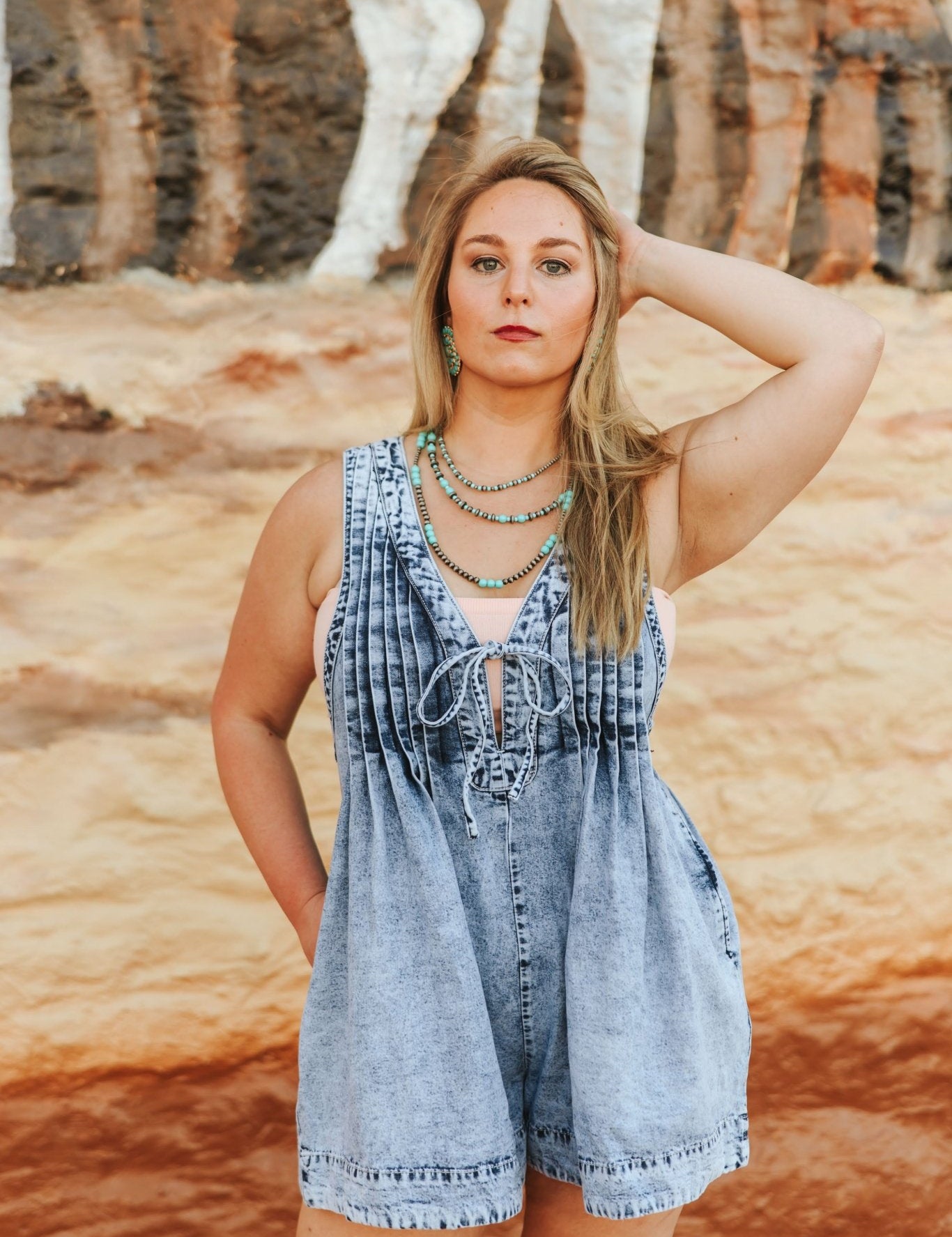 Front Ribbon Tie Denim RomperS