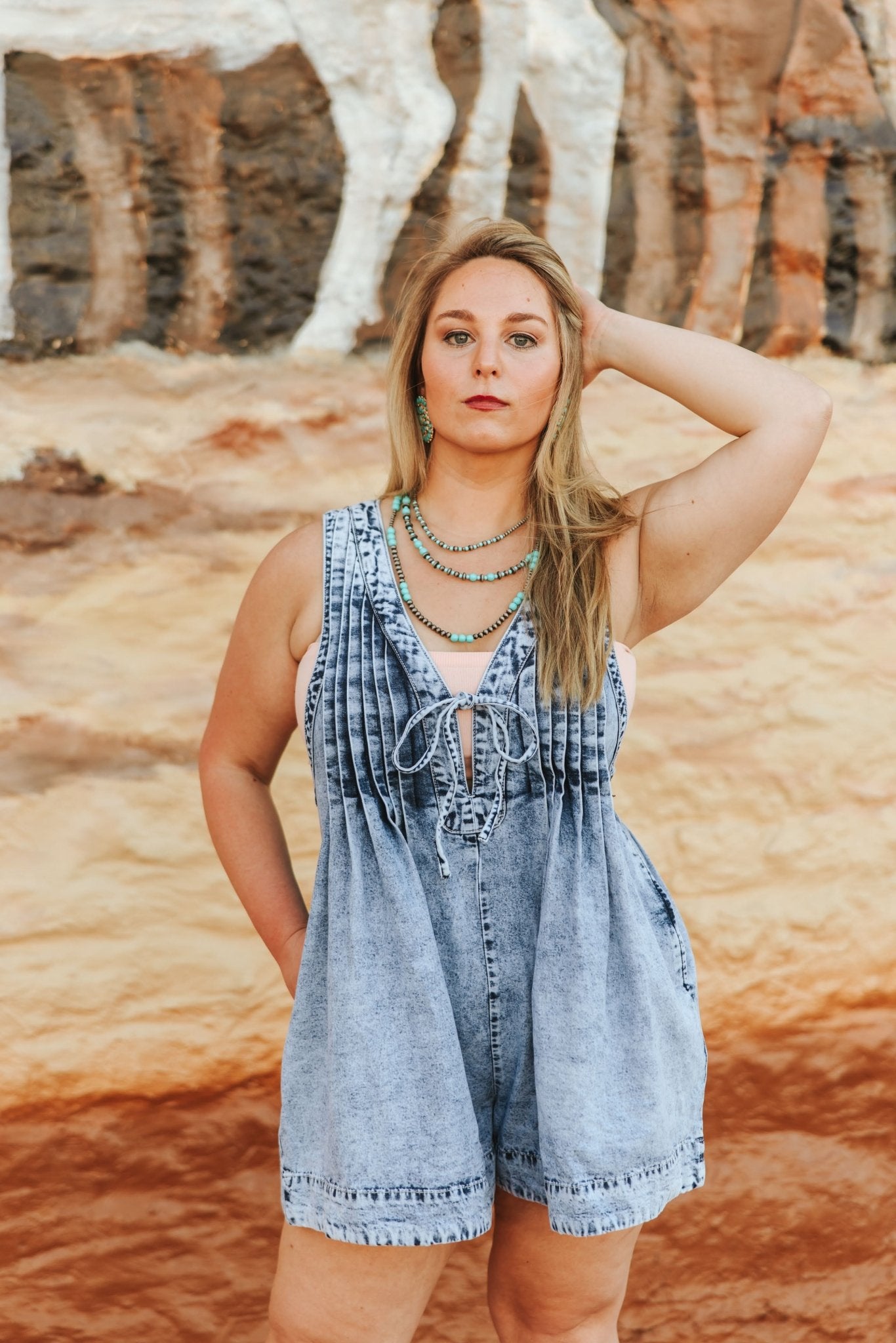 Front Ribbon Tie Denim RomperS