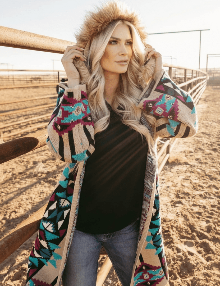 Fur Hooded Aztec Knit CoatS