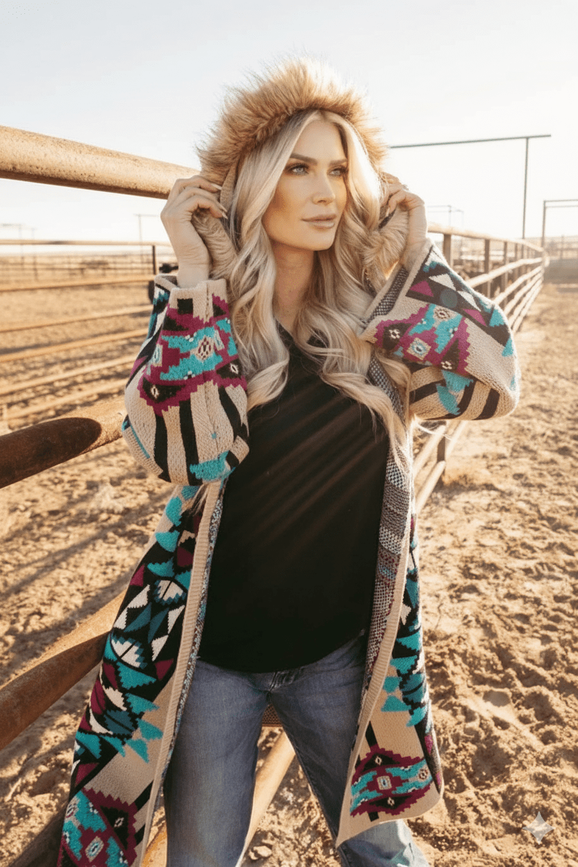 Fur Hooded Aztec Knit CoatS