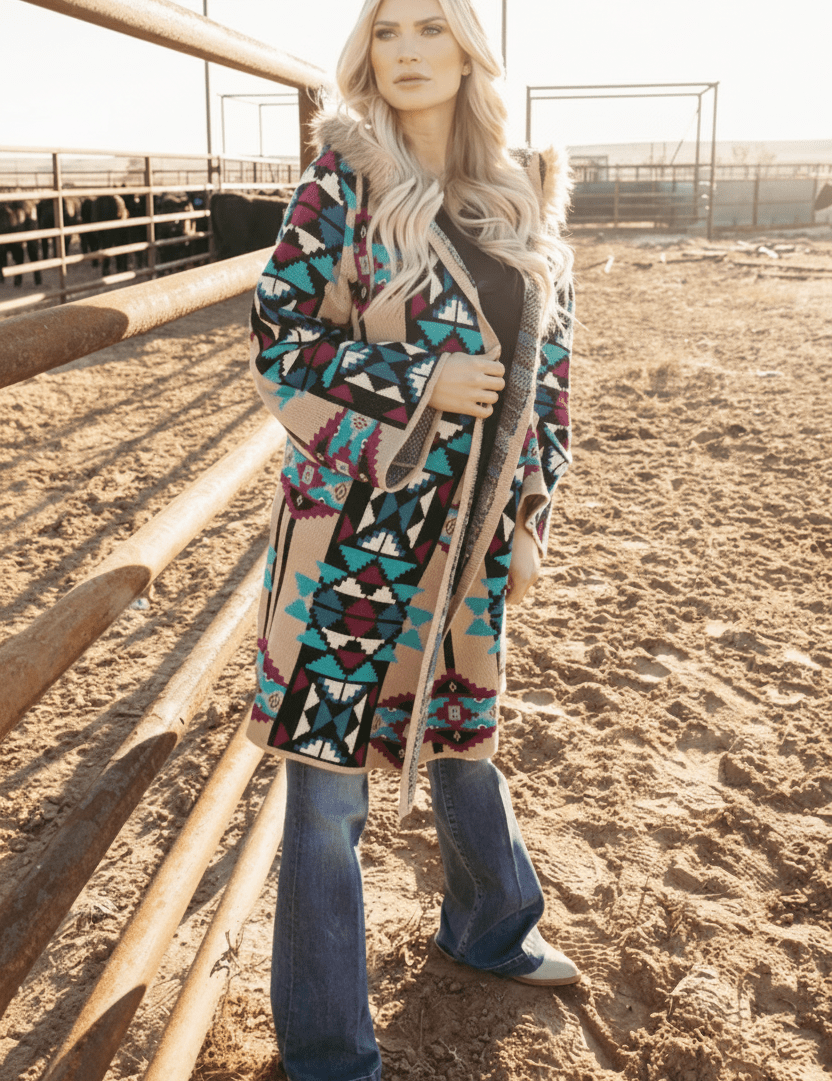Fur Hooded Aztec Knit CoatS