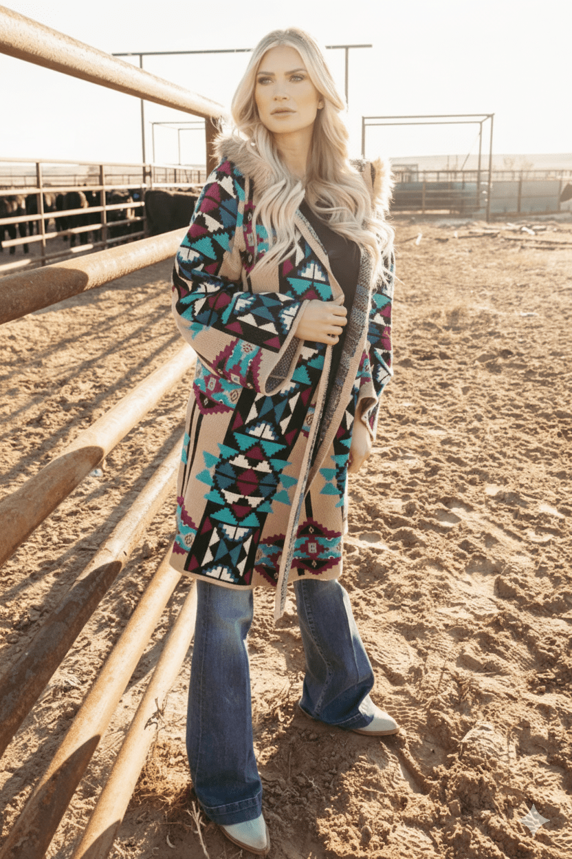 Fur Hooded Aztec Knit CoatS