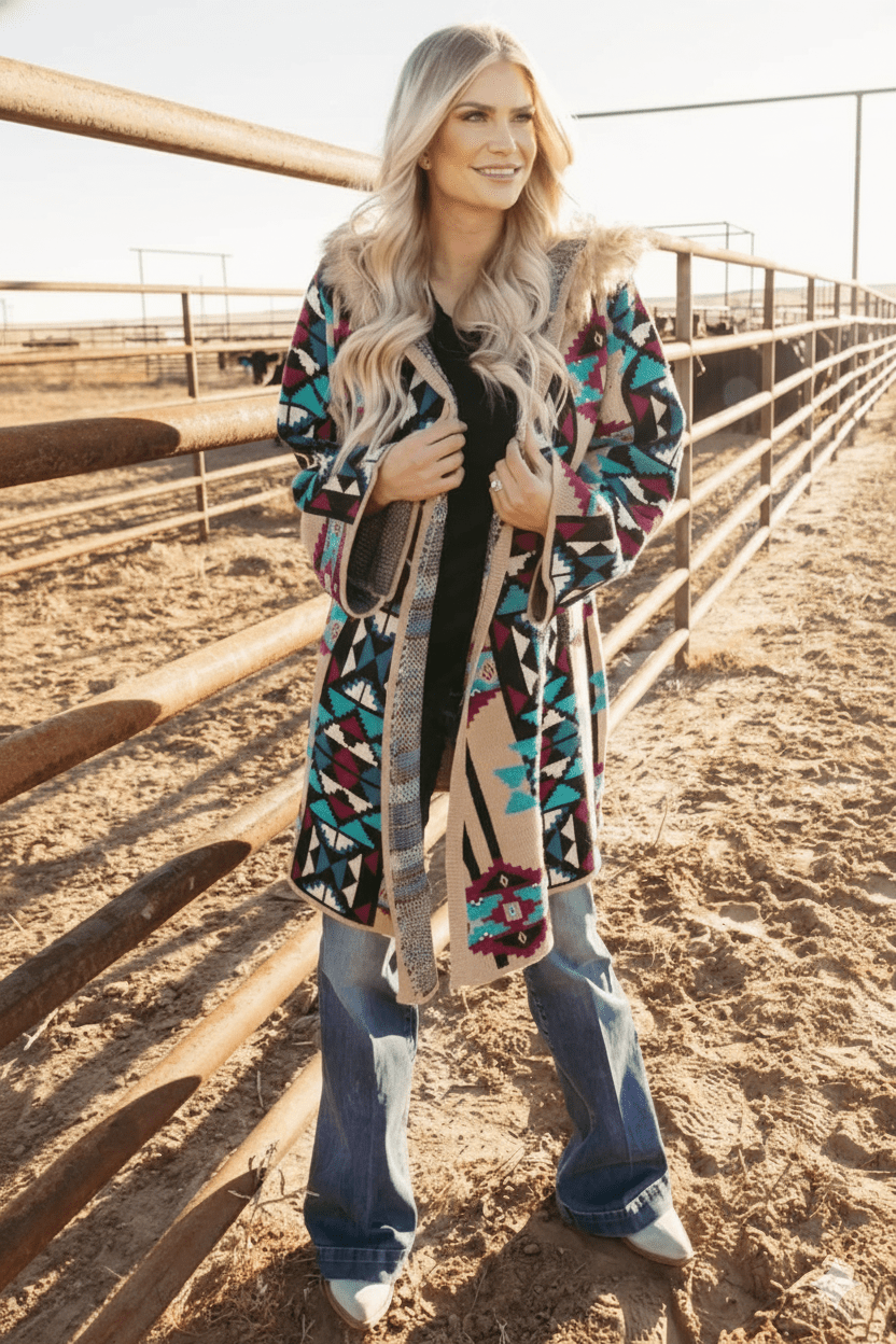 Fur Hooded Aztec Knit CoatS