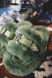 Fuzzy Buckle Slides - OliveS - 5/6