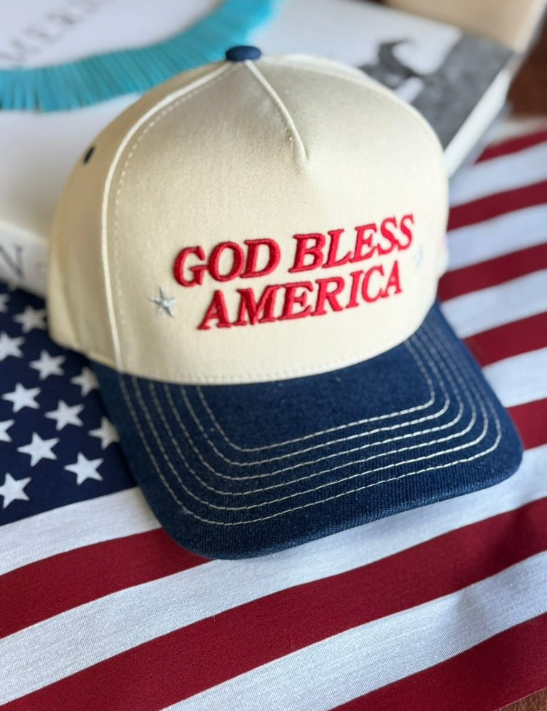 God Bless America Embroidered Denim Trucker Hat