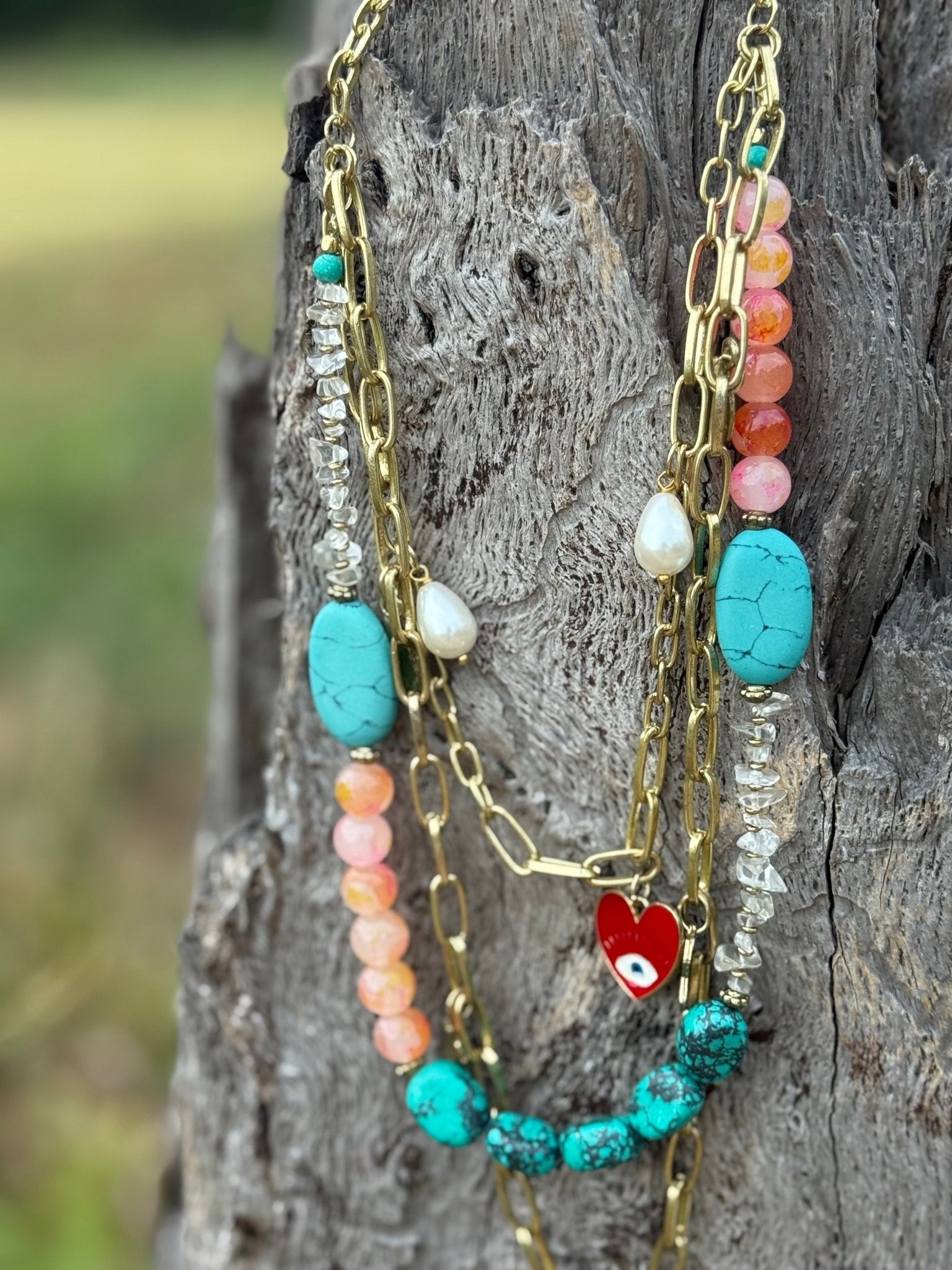 Gold Turquoise Boho Charm Layered Necklace
