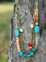 Gold Turquoise Boho Charm Layered Necklace