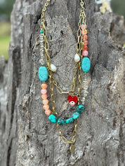 Gold Turquoise Boho Charm Layered Necklace