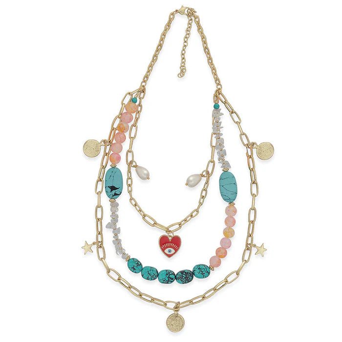 Gold Turquoise Boho Charm Layered Necklace