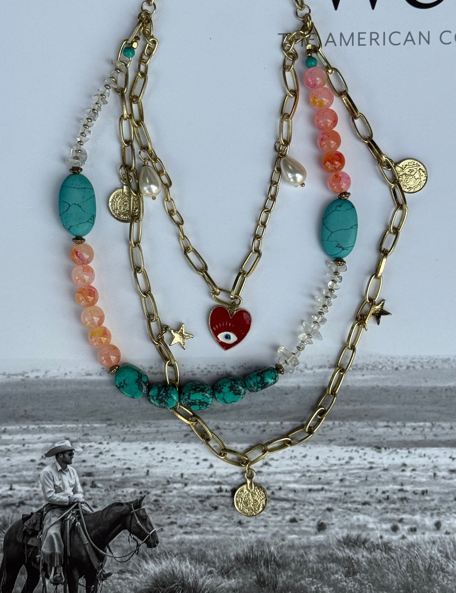 Gold Turquoise Boho Charm Layered Necklace