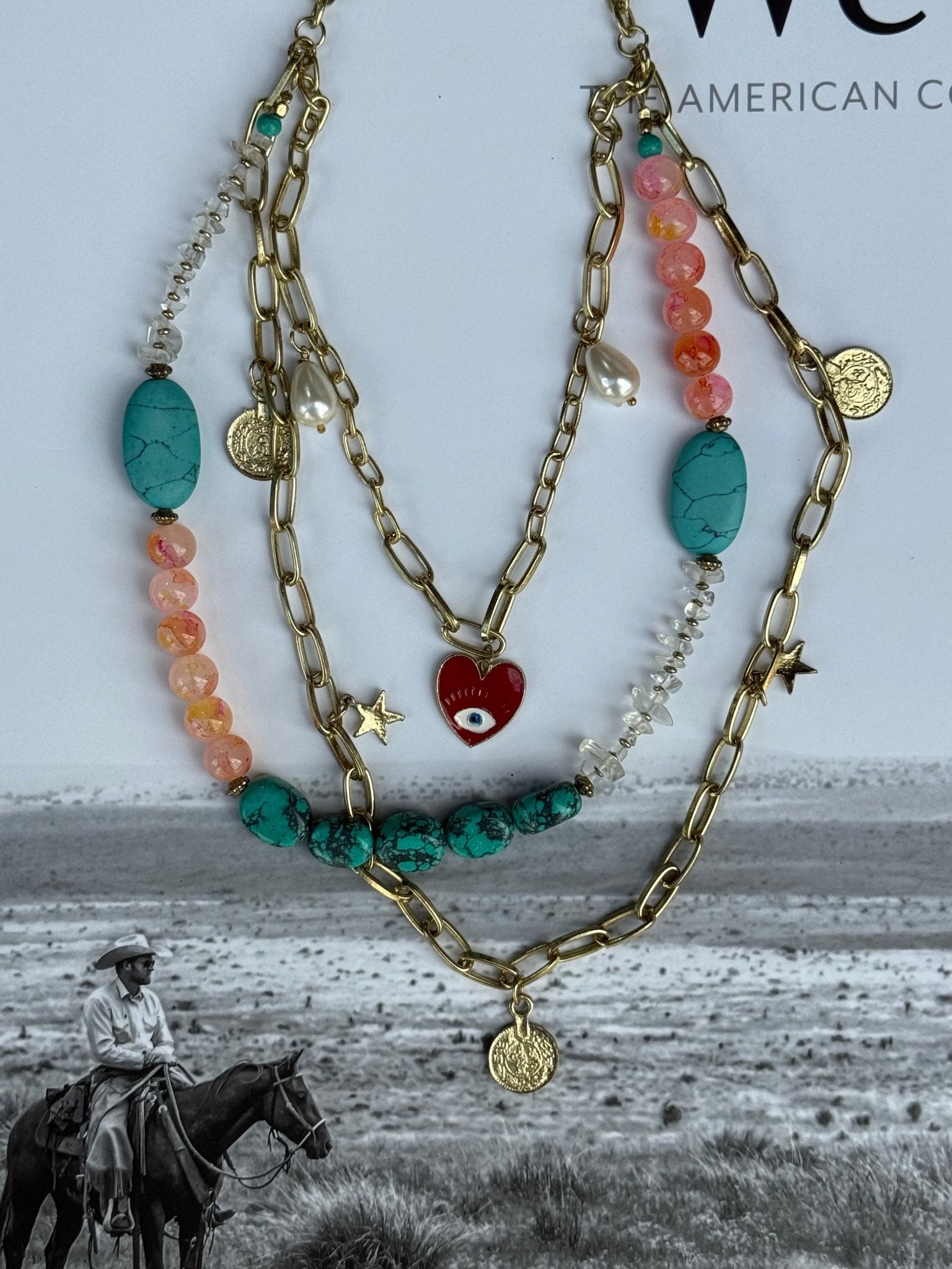 Gold Turquoise Boho Charm Layered Necklace