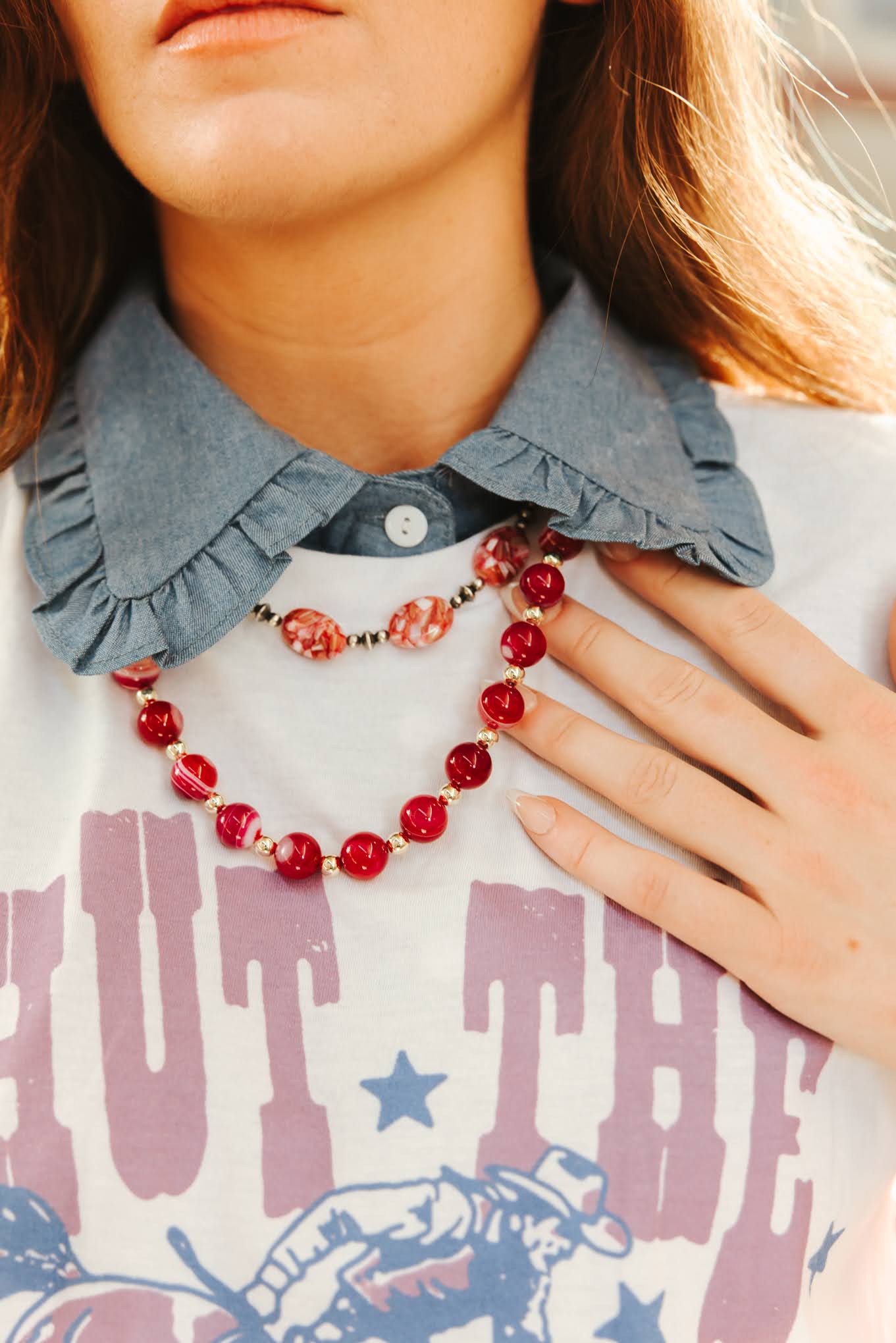 Gold Wild Rose Agate Beaded Necklace