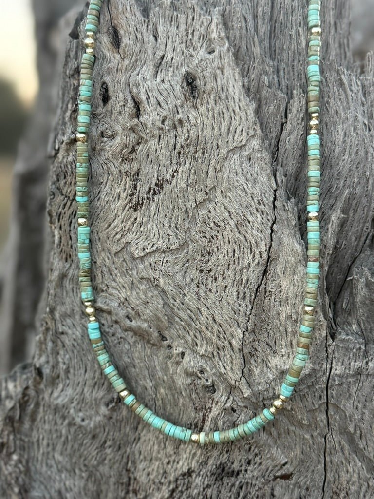 Golden Turquoise Trail Heishi Beaded Necklace