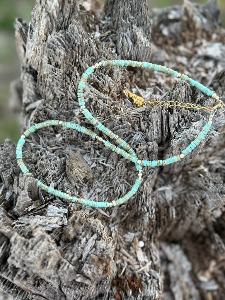 Golden Turquoise Trail Heishi Beaded Necklace