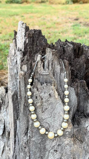 Graduated White Pearl and German Silver Beaded Necklace