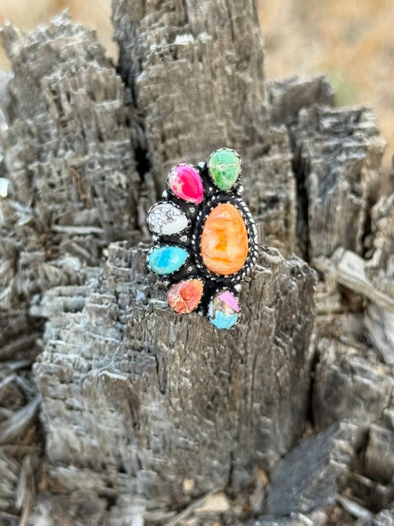 Half Cluster Turquoise Adjustable RingMixed // Spiny