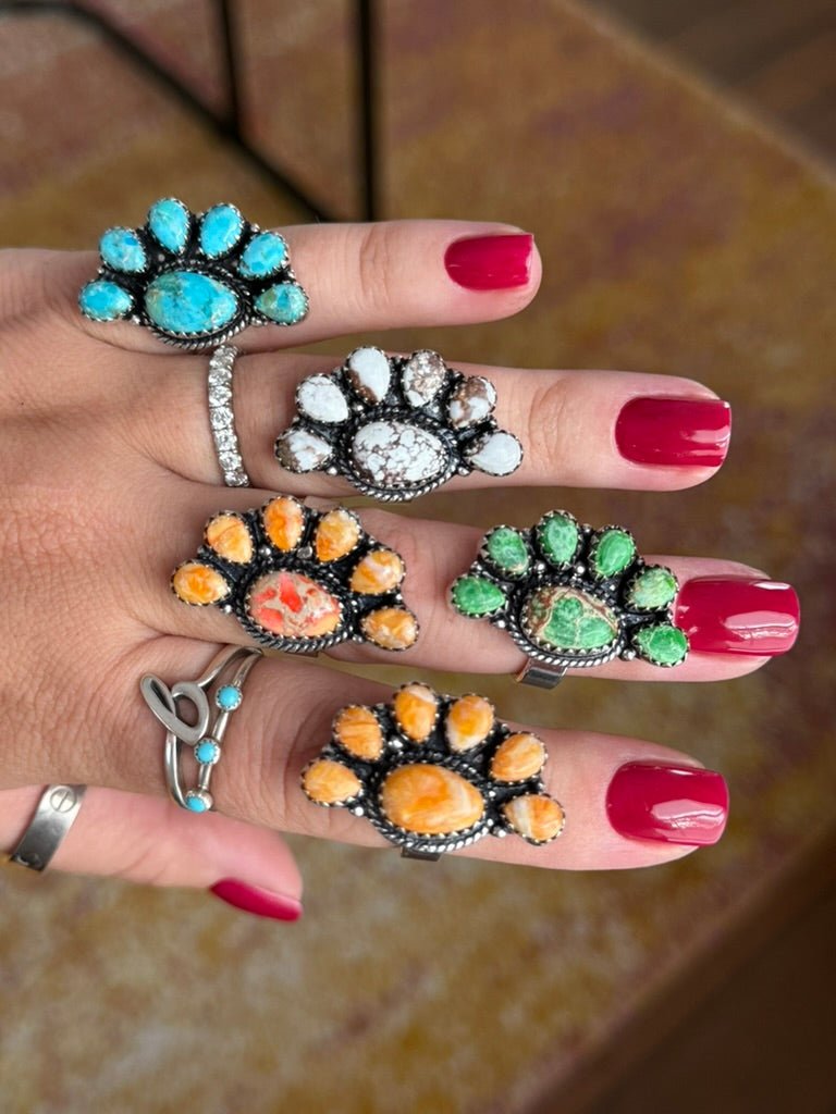 Half Cluster Turquoise Adjustable RingGreen Jasper