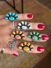 Half Cluster Turquoise Adjustable RingGreen Jasper