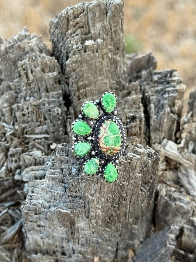 Half Cluster Turquoise Adjustable RingGreen Jasper